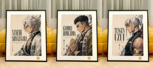 "Premium Demon Slayer art print: iconic Wind, Stone, and Sound Hashira characters against a vibrant celestial starry sky."
