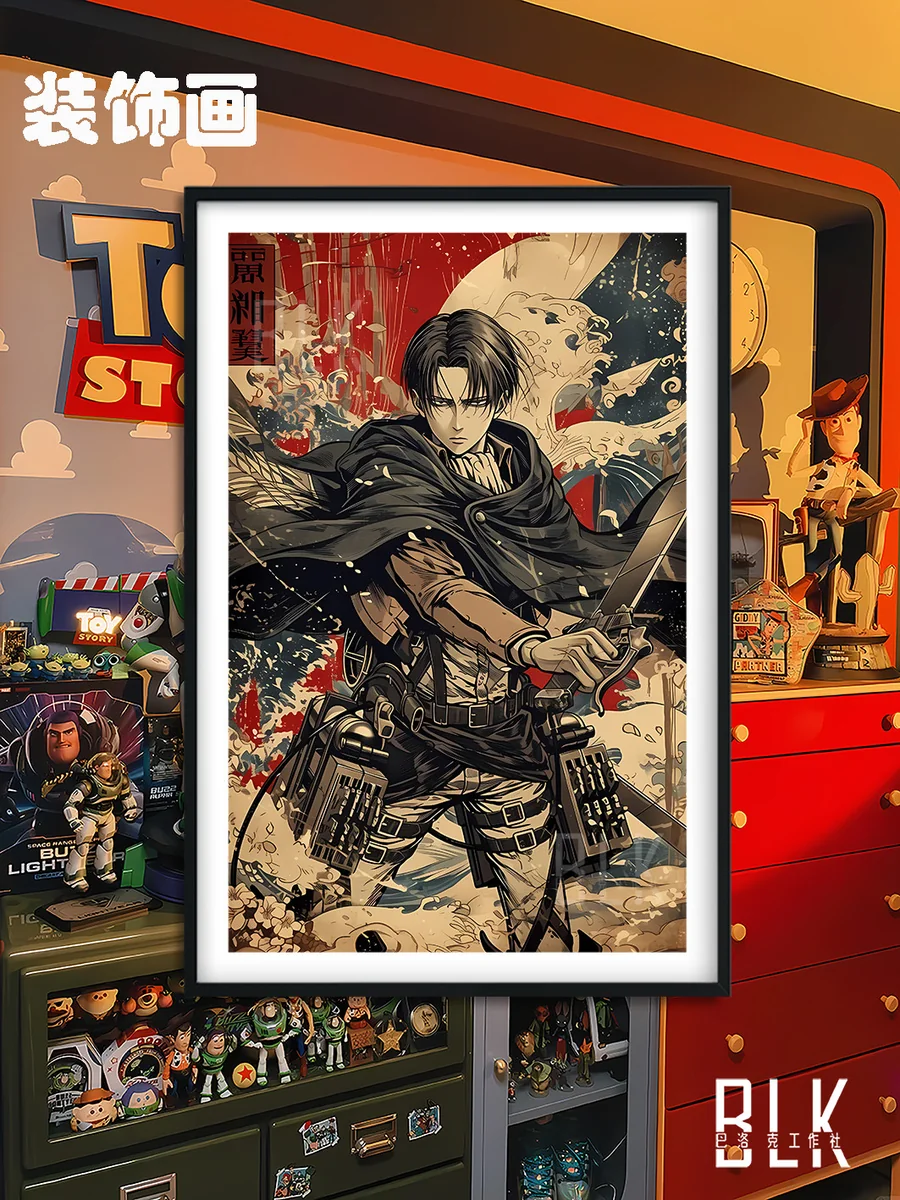 "Dynamic Levi Ackerman in an exclusive Japanese Baroque fusion painting, showcasing his iconic presence in this Attack on Titan framed art."