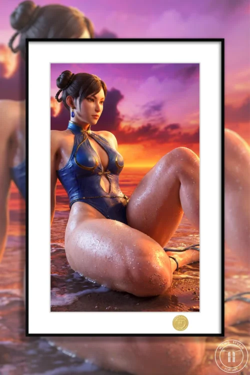 "Limited Edition Street Fighter Chun-Li art print showcasing iconic Chun-Li in a vibrant beach setting with a dynamic, high-quality artistic style."