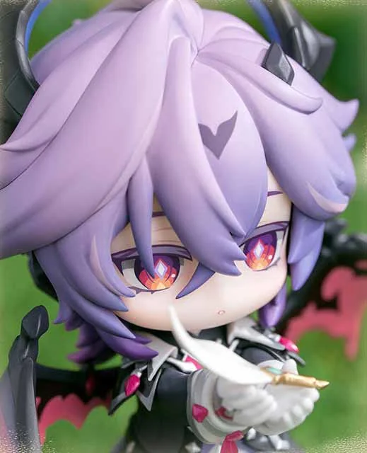 "Authentic Genshin Impact Durin Flower Language Q-version figure, playfully posed amidst whimsical flowers, showcasing exquisite sculpted details."
