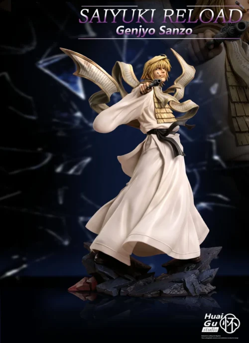 "Exquisite 1/6 Saiyuki Genjo Sanzo resin statue, showcasing a dynamic spiritual warrior pose, intricate traditional attire, and an ethereal aura."