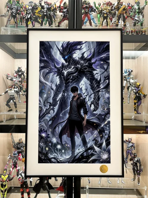 "Limited Edition Solo Leveling Sung Jinwoo Shadow Monarch print. Hand-numbered, showing intricate dark fantasy and cosmic starry expanse details."
