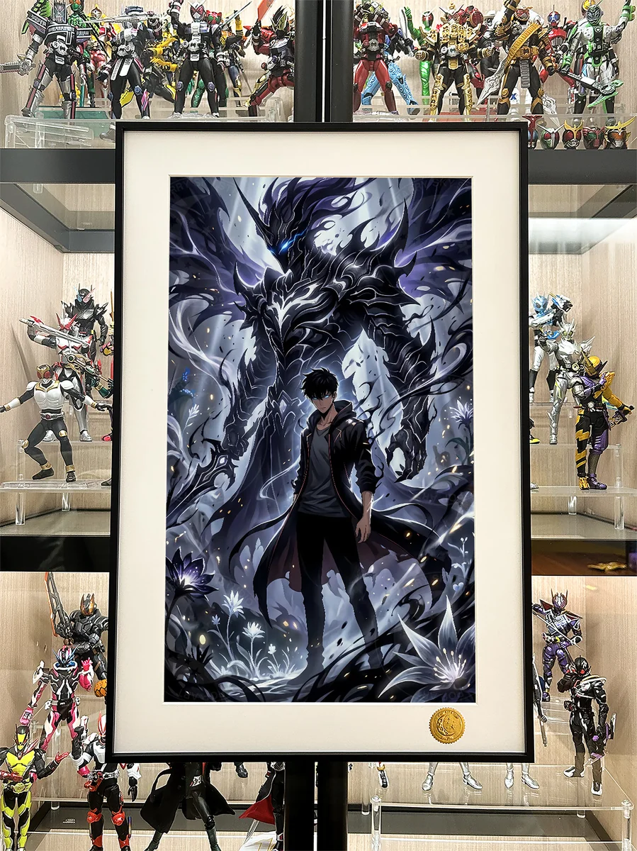 "Limited Edition Solo Leveling Sung Jinwoo Shadow Monarch print. Hand-numbered, showing intricate dark fantasy and cosmic starry expanse details."
