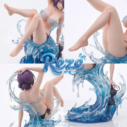 "Dynamic 1/6 Reze Summer Surfing Resin Statue from Chainsaw Man by VN Studio, showcasing intricate details of her thrilling swimsuit pose."