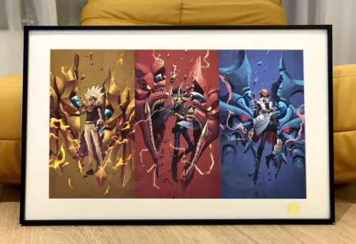 "Limited Edition Yu-Gi-Oh! Egyptian God Cards Slifer, Obelisk, Ra, with Yugi and Kaiba, against an epic starry sky art print."