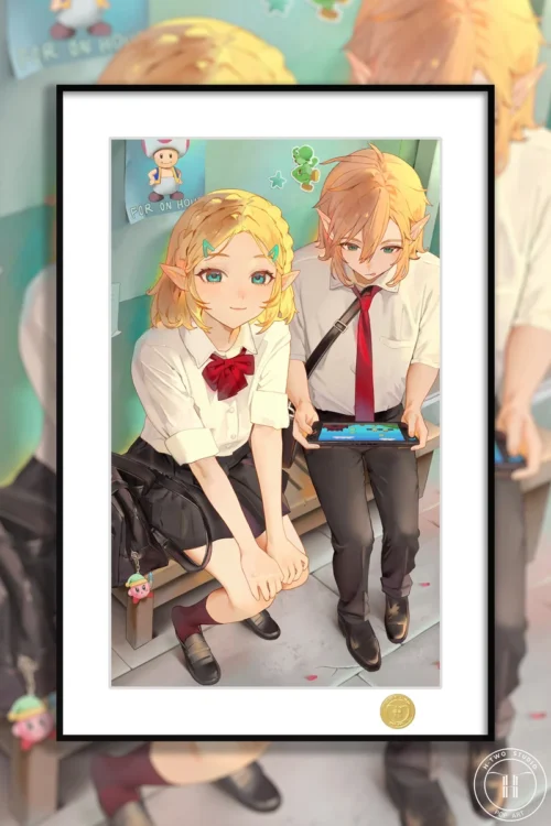 "Limited Edition fine art print of playful, romantic School Uniform Zelda & Link from Tears of the Kingdom, with modern elegance."