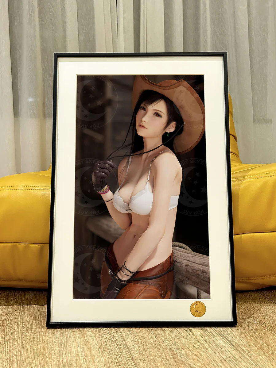 "Limited Edition, Museum-Quality Final Fantasy VII art print showcasing Tifa Lockhart in denim under a breathtaking starry sky."