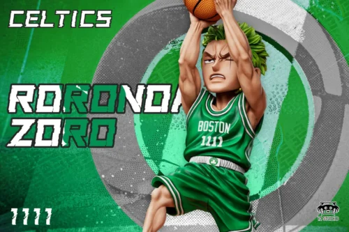 "Playful Roronoa Zoro One Piece figure in a dynamic Boston Celtics NBA uniform, showcasing this exclusive Zoro Celtics crossover collectible statue."