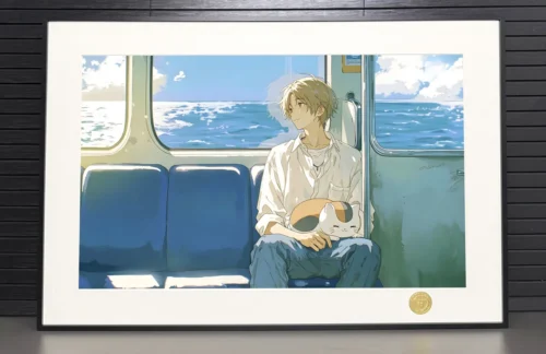 "Exclusive Natsume Art Print featuring Natsume and Nyanko-sensei on a serene train journey. Gallery views highlight its artistic details."