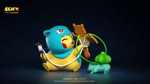 "Detailed view of a charming Pikachu Kanto Starters Evolution Cosplay statue by ECHO Studio, highlighting unique sculpture details and playful design