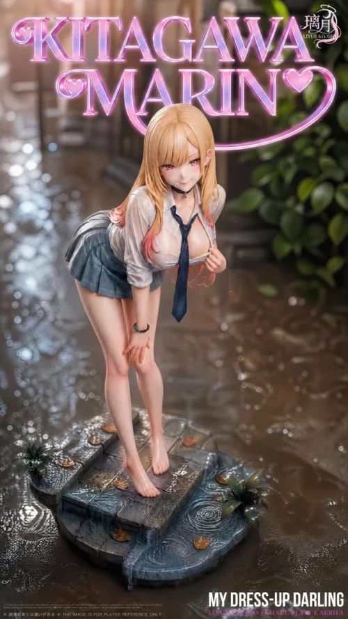 "Multiple detailed views of the 1/6 Marin Kitagawa 'Twilight Rain' resin figure, highlighting exquisite wet-look uniform and evocative rainy alley."