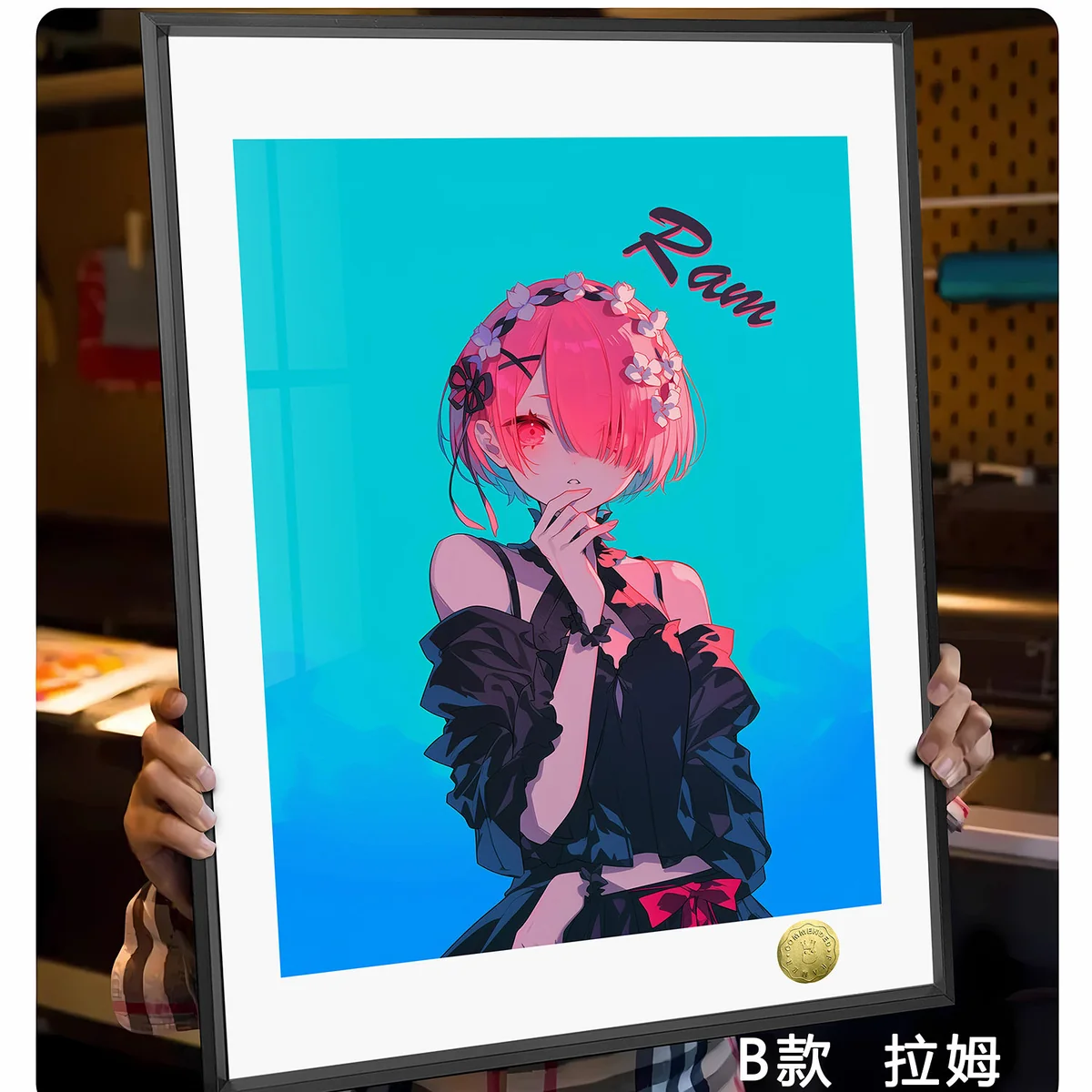 "Close-up details of the Limited Edition Re:Zero Rem and Ram Maid Sisters decorative painting, showcasing serene fan art and soft colors for premium."