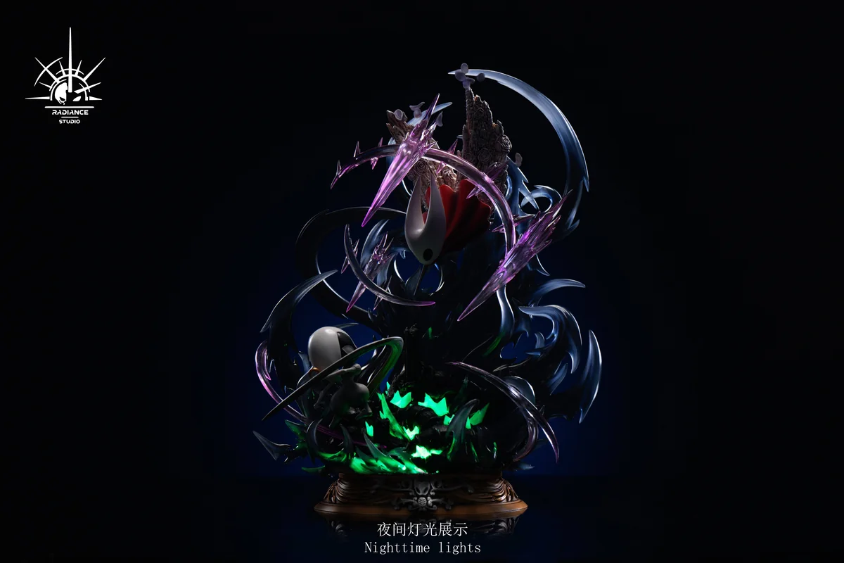 "ST Custom + Fuguang Studio Hollow Knight Hornet vs Lace LED statue, dynamic sculpted details and illuminated battle from artistic angles."