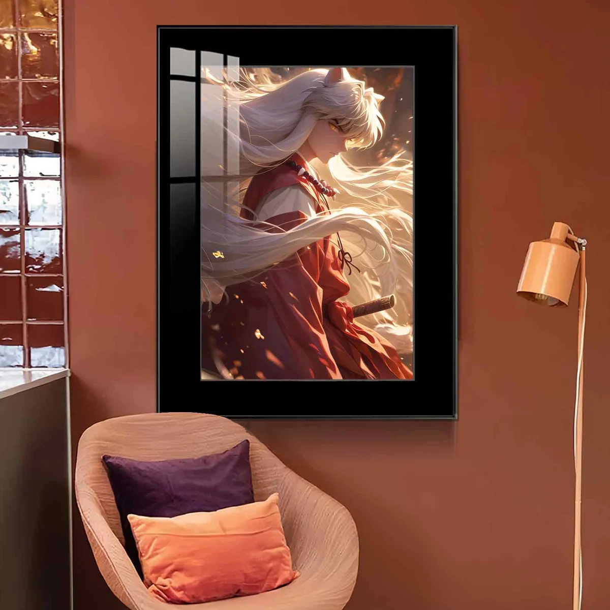 "Detailed gallery views of the Iconic Inuyasha Side Profile Decorative Painting. Highlights its vibrant, fade-resistant HD print, premium framed art."