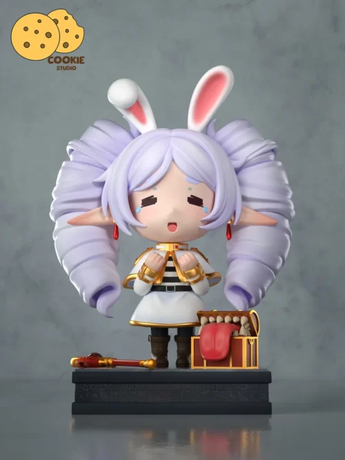 "Limited Edition 1/6 Frieren Bunny Figure by Cookie Studio. Captures her charming pose in a seductive bunny suit, interacting with a treasure mimic."