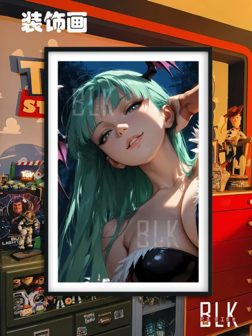 "Stunning Baroque Darkstalkers Morrigan art print. Vibrant, high-definition smiling Morrigan in elegant pose, exuding ornate sophistication."