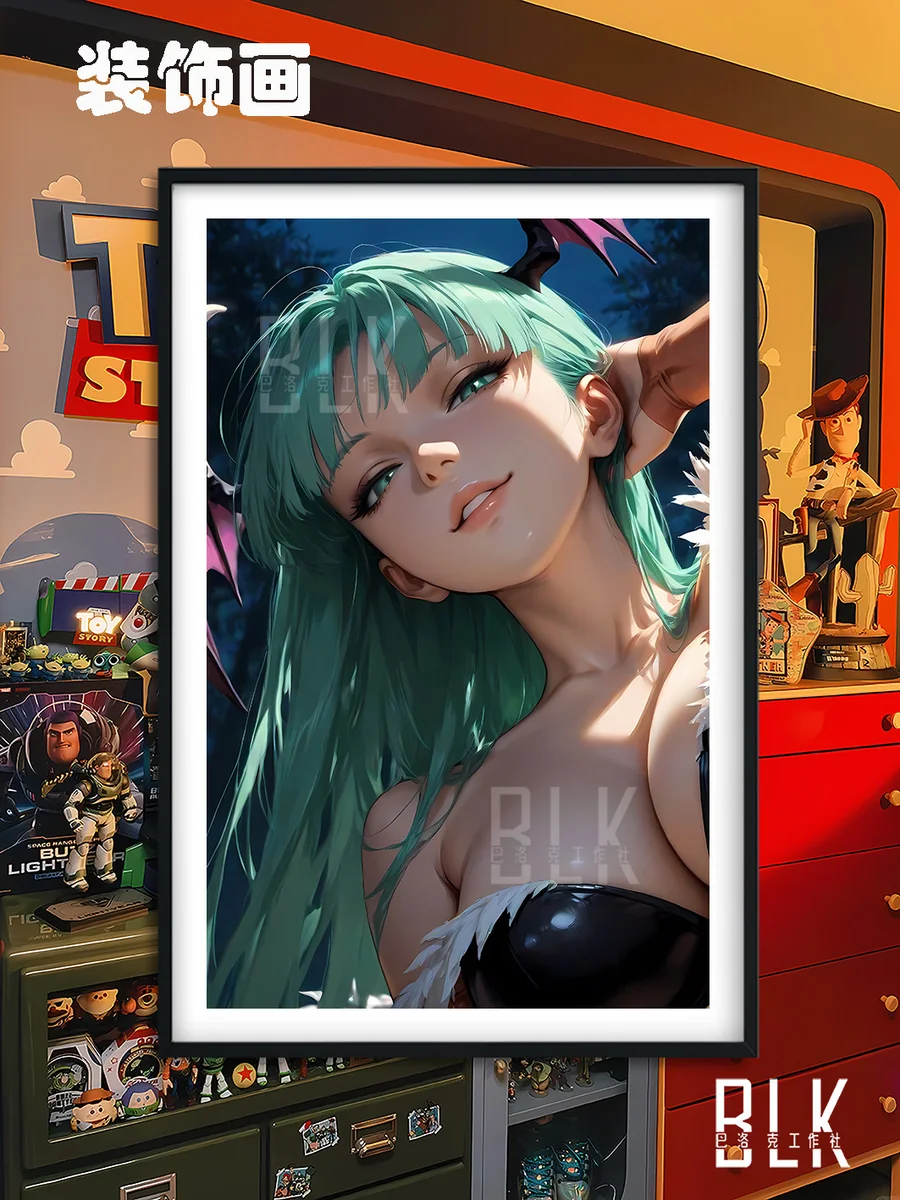 "Stunning Baroque Darkstalkers Morrigan art print. Vibrant, high-definition smiling Morrigan in elegant pose, exuding ornate sophistication."