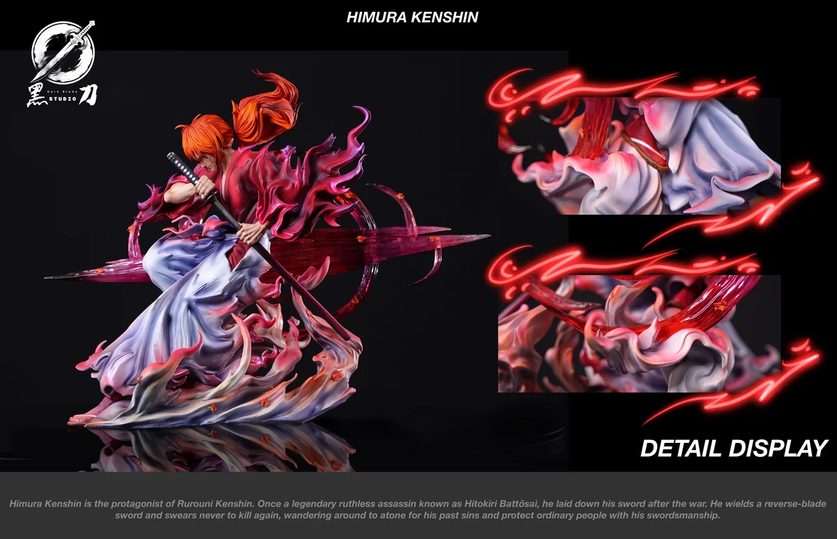"1/6 Kenshin Himura Rurouni Kenshin resin statue by Black Blade Studio, showing intricate details, Iaido pose, and dual head sculpts."