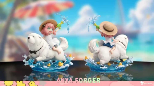 "Anya Forger riding Bond Forger in a dynamic SPY x FAMILY resin statue, capturing their playful summer water play adventure."