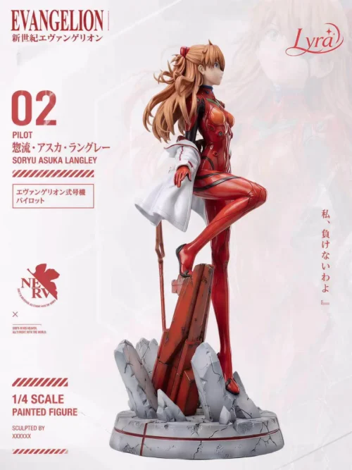 "Iconic 1/4 scale Asuka Shikinami Evangelion resin statue. Views reveal her dynamic plugsuit, vibrant colors, detailed EVA base, and fierce."