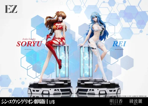 "Dynamic limited edition 1/6 Asuka & Rei Neon Genesis Evangelion resin statue by EZ Studio, showcasing their iconic intensity amidst vibrant debris."