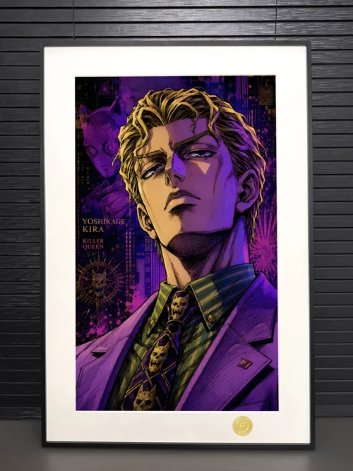 "Yoshikage Kira & Killer Queen JoJo premium framed art print. Dynamic artwork and stylish frame details."