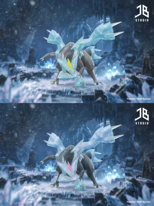 "Premium Kyurem Pokemon resin statue with dynamic LED lighting, showcasing the legendary ice creature's powerful details."