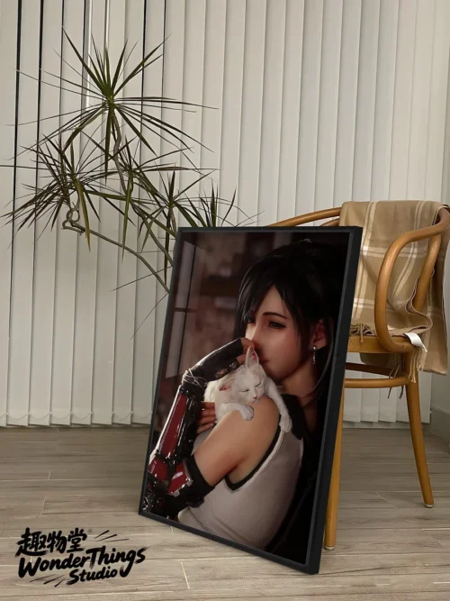 "Detailed view of the exquisite Final Fantasy VII Tifa Lockhart and Cat Cloud Strife decorative painting, showcasing its whimsical artistry."