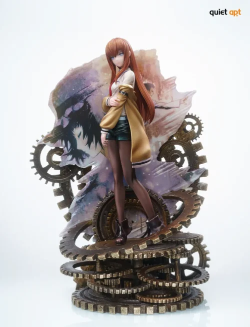 "Makise Kurisu Ultra-Limited Edition 1/6 scale PU resin statue, dynamically posed with scientific motifs, intricate gears, and temporal elements."