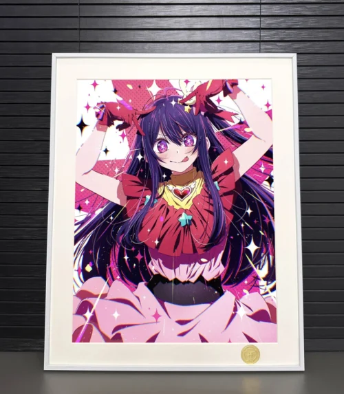 "Exclusive Limited Edition Ai Hoshino print from Oshi no Ko, showcasing her vibrant idol aesthetic and captivating star-filled gaze. Artistic details."