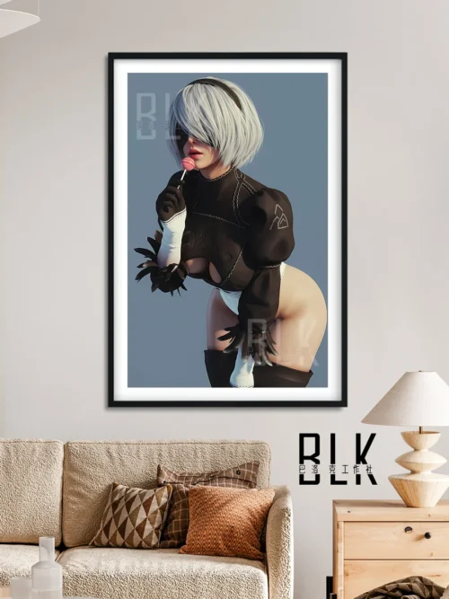 "Detailed gallery views of the unique Baroque-style NieR: Automata 2B decorative painting, highlighting its elegant blend of classical and futuristic."