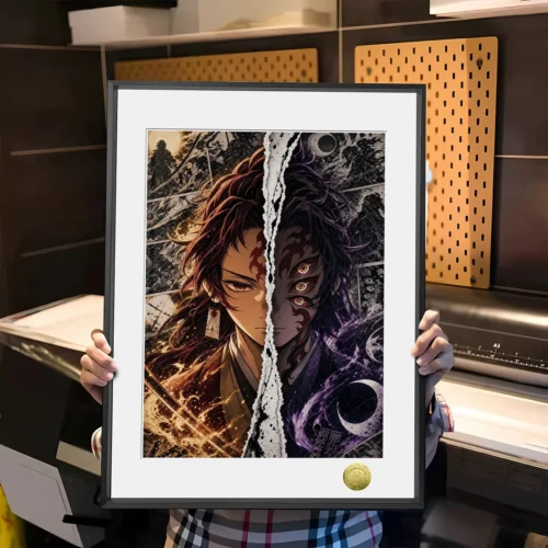 "Limited Edition Demon Slayer Tsugikuni Yoriichi & Kokushibo decorative painting. Dynamic, intense art print capturing their epic battle."