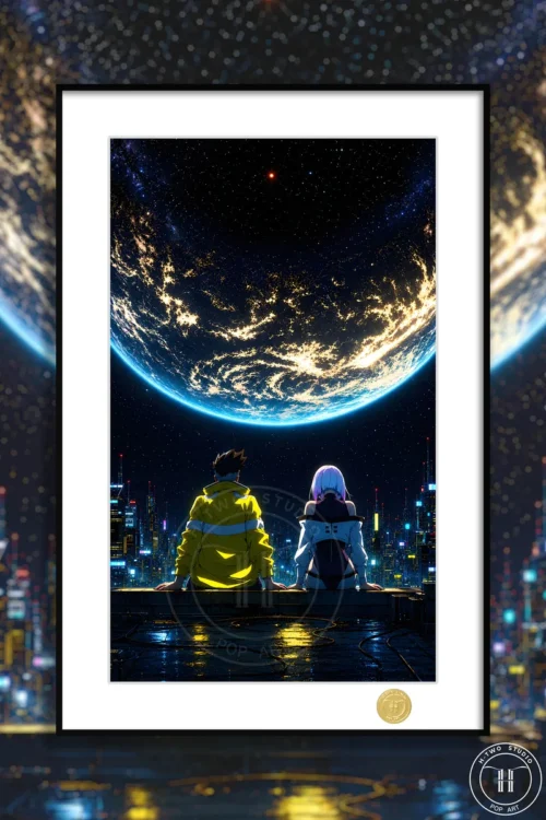 "Stunning limited edition Cyberpunk Edgerunners art print of Lucy and David on a futuristic Night City rooftop. A premium H-TWO Studio collectible."