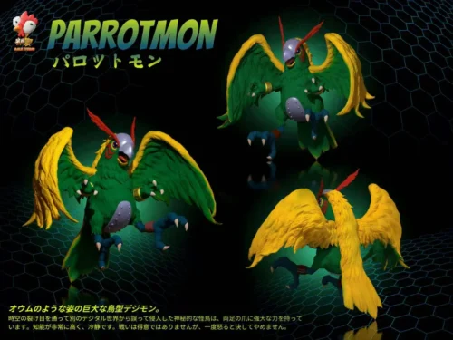 "Exquisite, limited edition Digimon Parrotmon resin statue, dynamically showcasing its fierce and majestic presence with intricate detail."