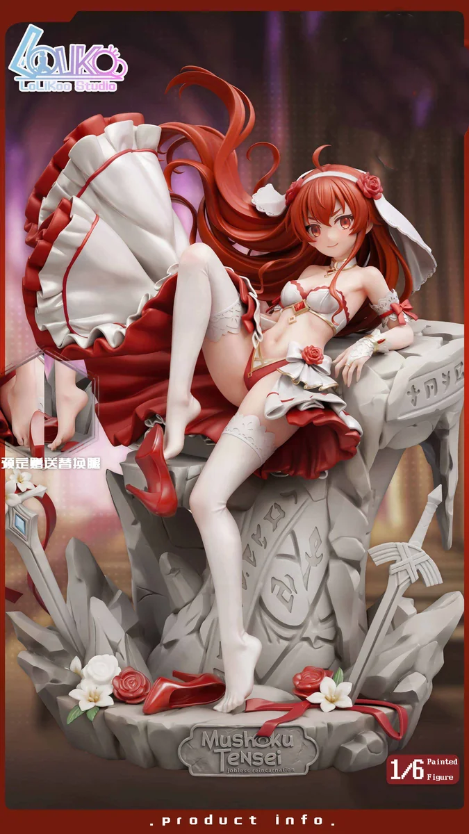 "Exquisite 1/6 Eris Bridal Gown Mushoku Tensei figure. Angles reveal her flowing white dress, intricate details, and dynamic pose."