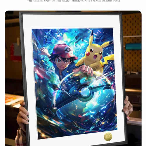 "Ash Pikachu fantasy adventure Pokémon art print gallery: detailed views of vibrant colors, dynamic artistry, and premium limited edition fine details."