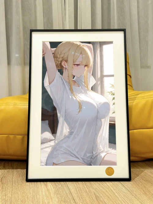 "Premium limited edition framed Zenless Zone Zero Evelyn print, showcasing the playful character in shark pajamas against a dreamlike cosmic backdrop."