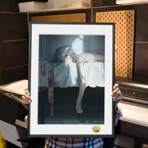"Limited Edition Ayanami Rei painting from Neon Genesis Evangelion, showcasing a poignant, battle-damaged artistic rendition. A stunning art print."