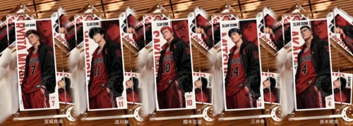 "Exclusive, collector-grade Slam Dunk Shohoku Team mini print displays stylized anime characters against cosmic art, encased in sleek acrylic."