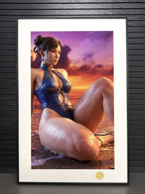 "Limited Edition Street Fighter Chun-Li art print detail, capturing her iconic dynamic pose in a vibrant beach setting with exquisite artistic."