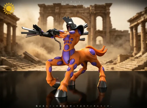 "Centarumon Digimon resin statue gallery: multiple views of its dynamic battle-ready pose, intricate mechanical and organic details, and powerful."