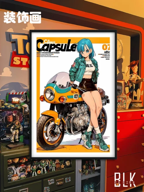 "Dynamic Dragon Ball Bulma painting showcasing Bulma on a motorcycle in a vibrant, unique Baroque artistic interpretation, a detailed art print."