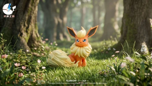 "Dynamic 1/20 Flareon 2.0 Pokémon statue from Lingxi Workshop, showcasing its fiery aura and premium PU resin detail."