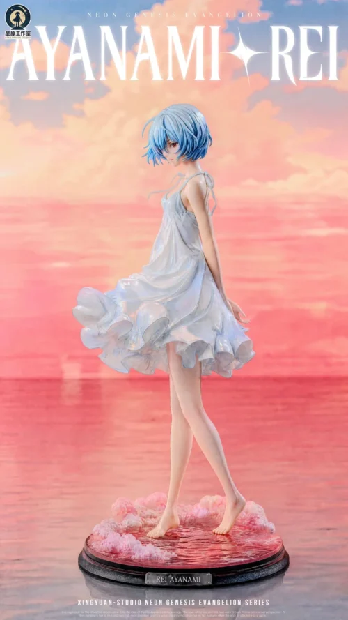 "Exquisite 1/6 Ayanami Rei: Crimson Sea resin statue. Premium sculpt details, serene pose, and crimson ocean base are visible from multiple angles."