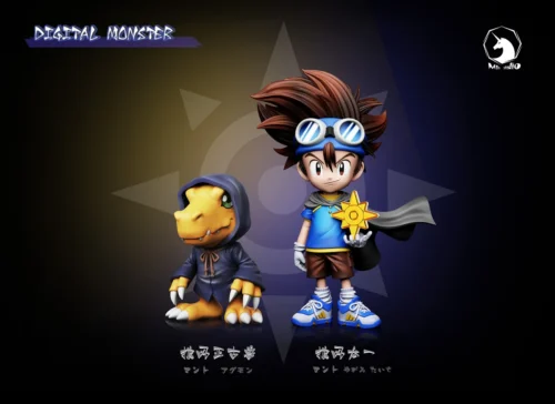 "Premium MDS Studio Digimon Adventure statue featuring a unique cloaked Tai and Agumon in a dynamic pose, showcasing their inseparable bond."
