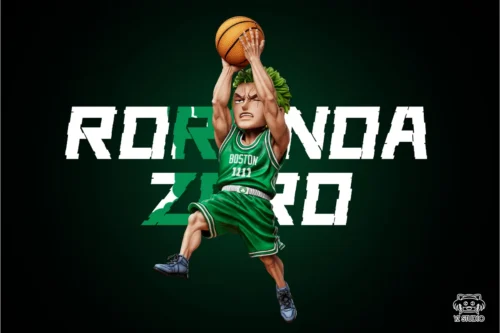 "Exclusive Zoro Celtics Figure. Playful Zoro in Boston Celtics uniform. Dynamic poses, detailed views from all angles. Unique One Piece collectible."