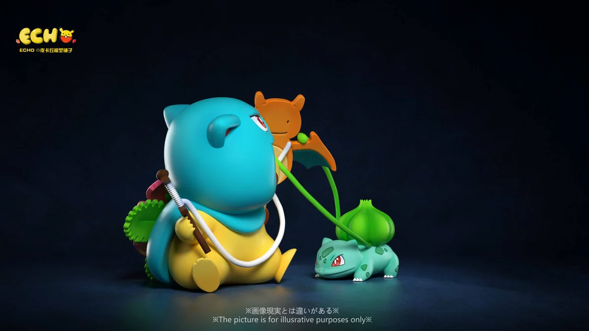 "Detailed angles of the charming Pikachu Kanto Starters Evolution Cosplay Pokémon statue by ECHO Studio. Unique figures and playful, intricate sculpti