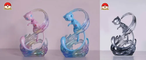 "Ultra-Limited Edition Mew Pokémon statue, elegantly emerging from shimmering ethereal water. This artistic First Encounter collectible captures dream."