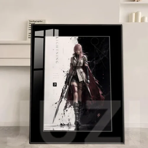"Premium HD Final Fantasy Lightning Farron art print, vividly capturing her dynamic battle pose with vibrant colors and detailed anime style."