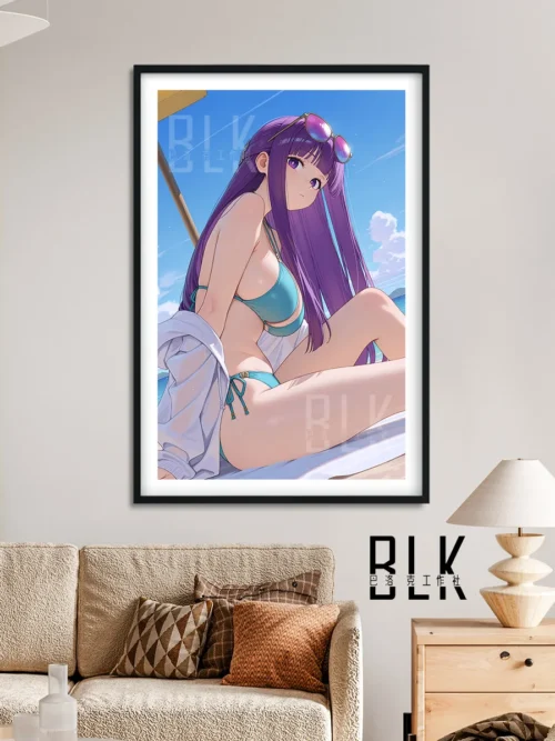 "Premium Frieren Fern beach decorative painting detail, highlighting vibrant anime rt of Fern in beach attire and its sleek modern frame."